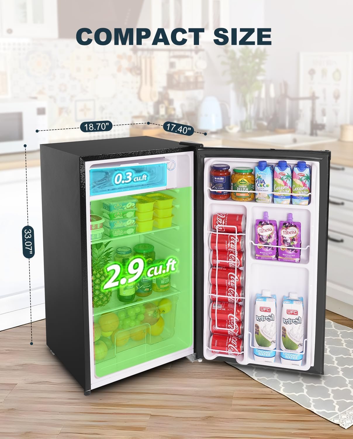 Upstreman 3.2 Cu.Ft Mini Fridge with Freezer, Single Door Mini Fridge, Dorm Fridge, Adjustable Thermostat, Mini Refrigerator for Bedroom, Office, Dorm, Black-BR321 - Image 3