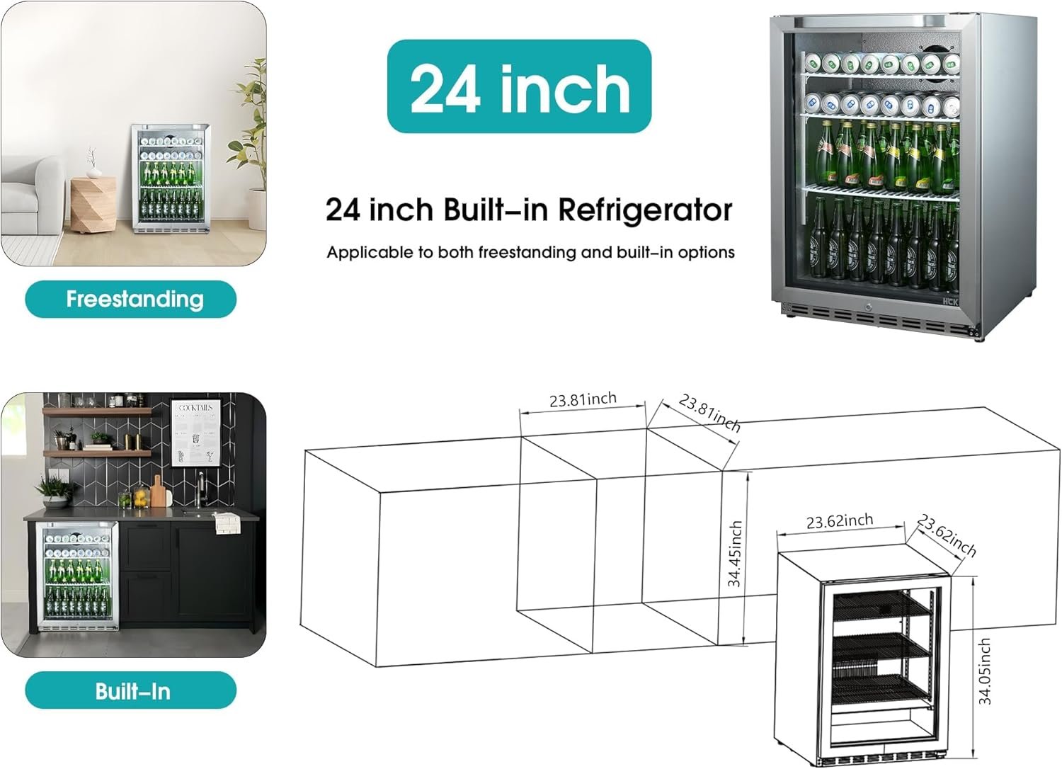 HCK 24 Inch Beverage Refrigerator, 180 Can Under Counter Fridge with Glass Door and Stainless Steel Body, Built-in or Freestanding, Beverage Cooler for Soda, Beer, Wine - Kitchen, Bar or Office - Image 6