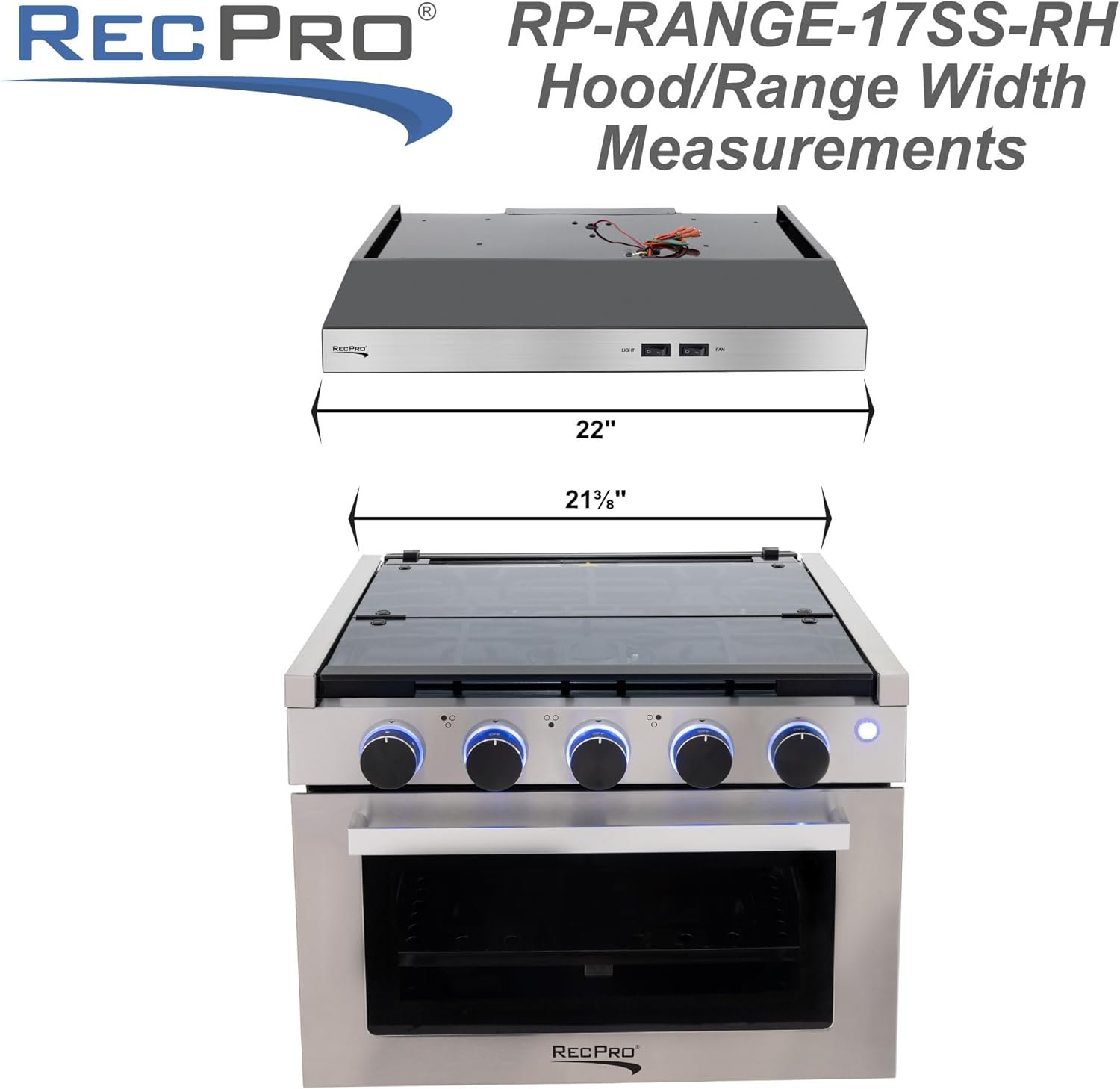 RecPro RV Stove | 21" x 17" Cooktop | 17" Tall Gas Range | 3 Burner | 1.8 Cu. Ft | 7100 BTU | Black or Silver Finish | Optional Vented Range Hood (Stainless, With Range Hood) - Image 5