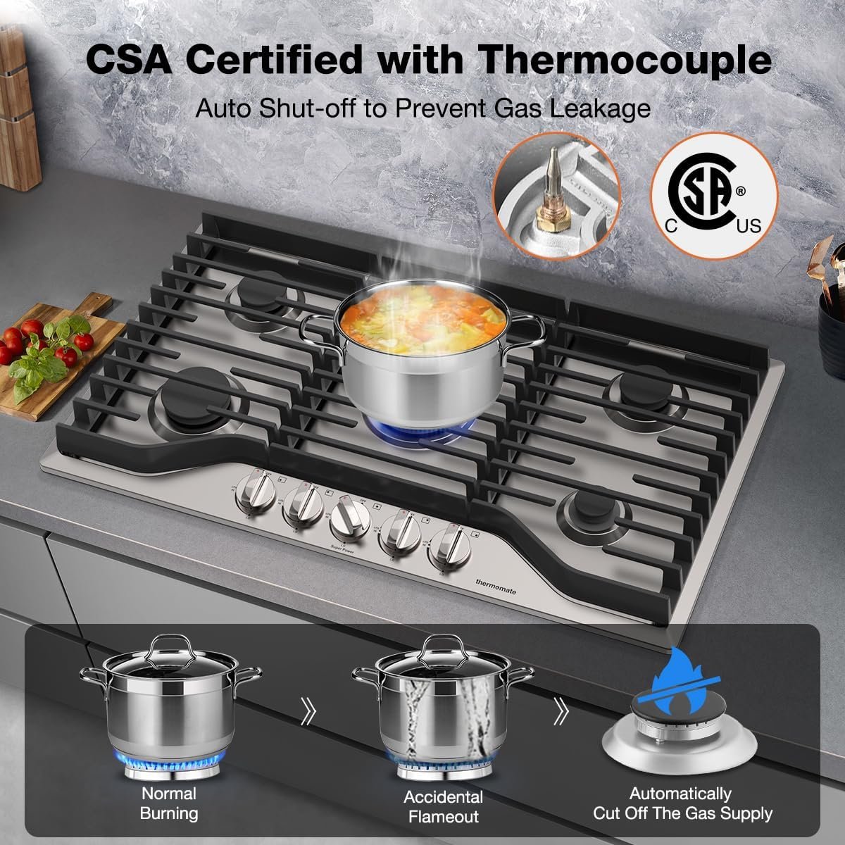 ThermoMate 36 Inch Gas Cooktop with 5 Italy Sabaf Power Burners, Built In Gas Stove Top of 304 Stainless Steel, Gas Hob NG/LPG Convertible, Gas Cooker with Thermocouple Protection CSA Certified - Image 3