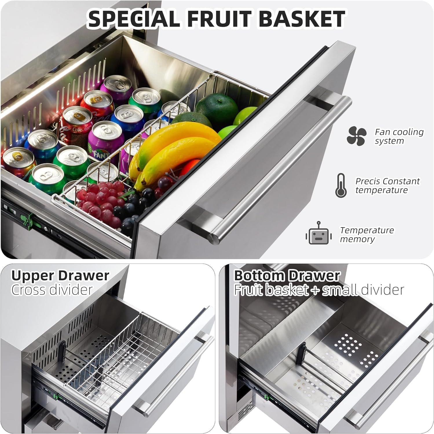 PioneerWorks 24-Inch Stainless Steel Beverage Refrigerator - Double Drawer Fridge for Soda and Beer, Freestanding & Built-in Design for Home and Outdoor Commercial Use, Waterproof and fingerprint resi - Image 4
