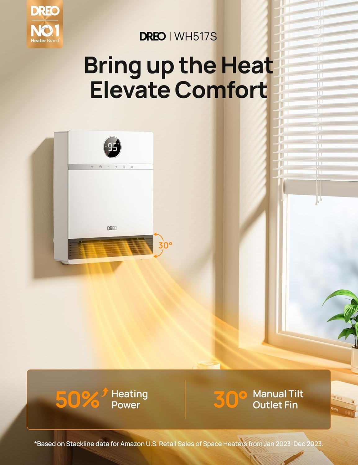 Dreo Smart Wall Heater, IP24 Electric PTC Space Heater for Indoor Use, 30° Oscillation, Adjustable Thermostat, Remote Control, Works with Alexa, 24H Timer, Easy-mounted Heater for Bedroom, Office - Image 2