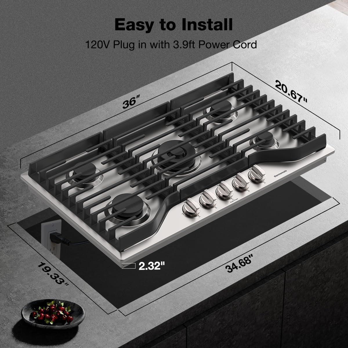 ThermoMate 36 Inch Gas Cooktop with 5 Italy Sabaf Power Burners, Built In Gas Stove Top of 304 Stainless Steel, Gas Hob NG/LPG Convertible, Gas Cooker with Thermocouple Protection CSA Certified - Image 6
