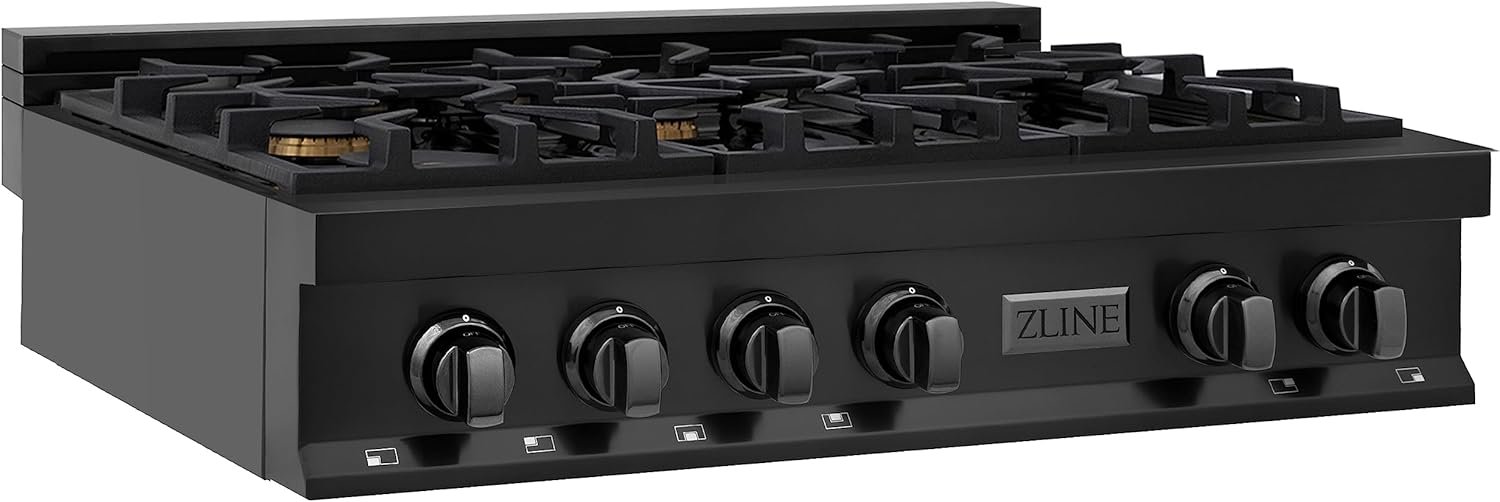ZLINE 36 in. Legacy Gas Rangetop with 6 Brass Burners and Porcelain Cooktop in Black Stainless Steel (RTB-BR-36) - Image 2