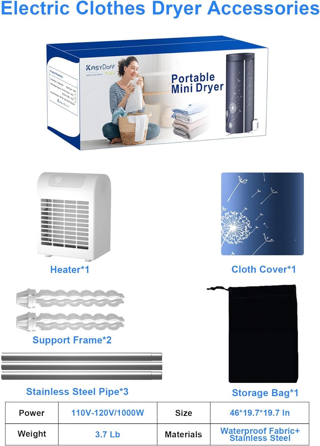 Portable Dryer, 46Inch -1000W Portable Clothes Dryer, Travel Portable Dryer Machine for Clothes with Timer, Mini Dryer for Apartment, Home, RVs - Image 5