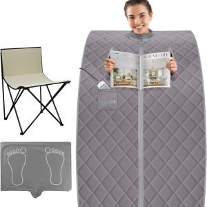 SereneLife Portable Sauna for Home, Infrared Sauna Tent with Heated Foot Pad and Folding Chair, Compact Personal Rejuvenation Sauna, Remote Control In-Home Spa, 38" x 32” - (Gray)