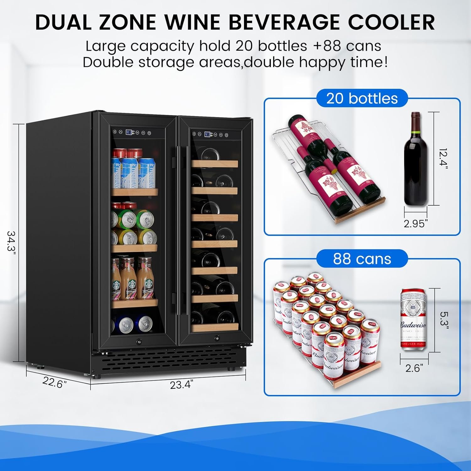 24 Inch Wine and Beverage Refrigerator Under Counter, Dual Zone Black Beverage Fridge with Glass Door&Lock,20 Bottles & 88 Cans Wine and Beverage Cooler, Freestanding Mini Fridge for Bedroom Home - Image 7
