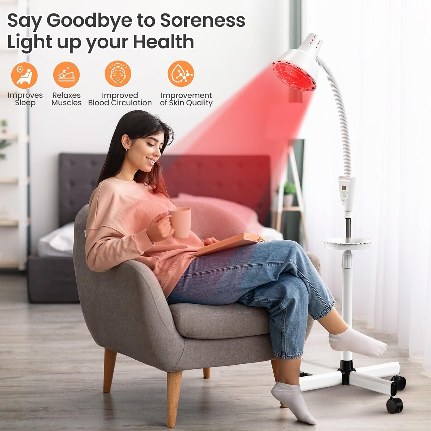 Infrared Light Therapy,275W Infrared Heat Lamp, Red Light Therapy Heat Lamp for Relieve Joint Pain and Muscle Aches Body, Standing Red Light Heat Lamp, Light Therapy Device at Home - Image 4