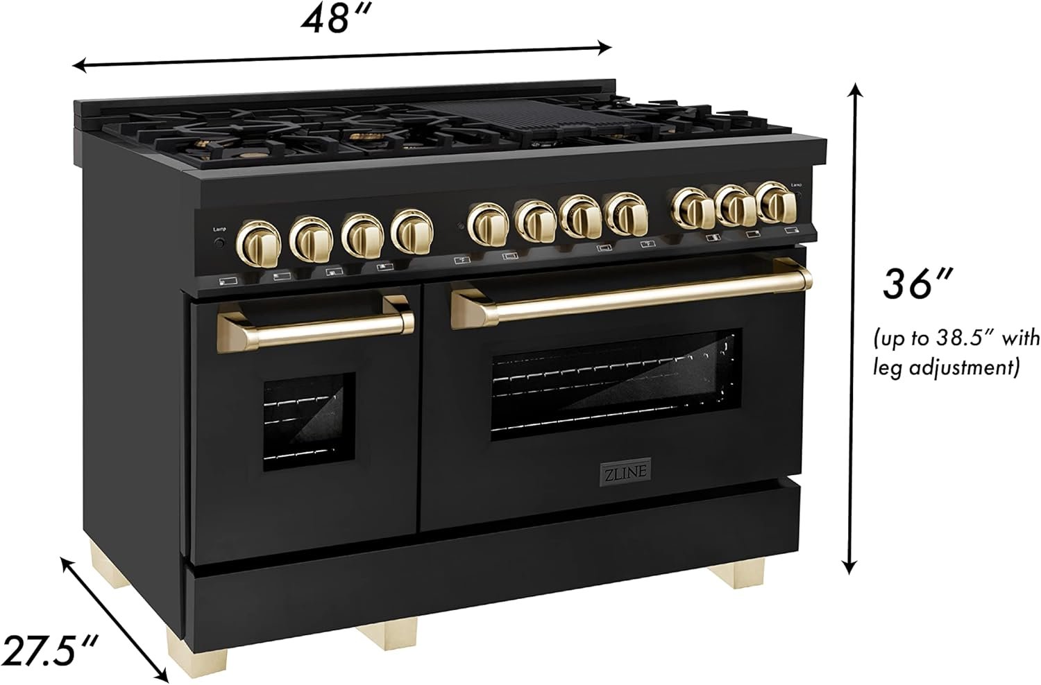 ZLINE Autograph Edition 48 in. 6.0 cu. ft. Legacy Dual Fuel Range with 7 Burner Gas Cooktop and 2 Electric Ovens in Black Stainless Steel and Polished Gold Accents (RABZ-48-G) - Image 8