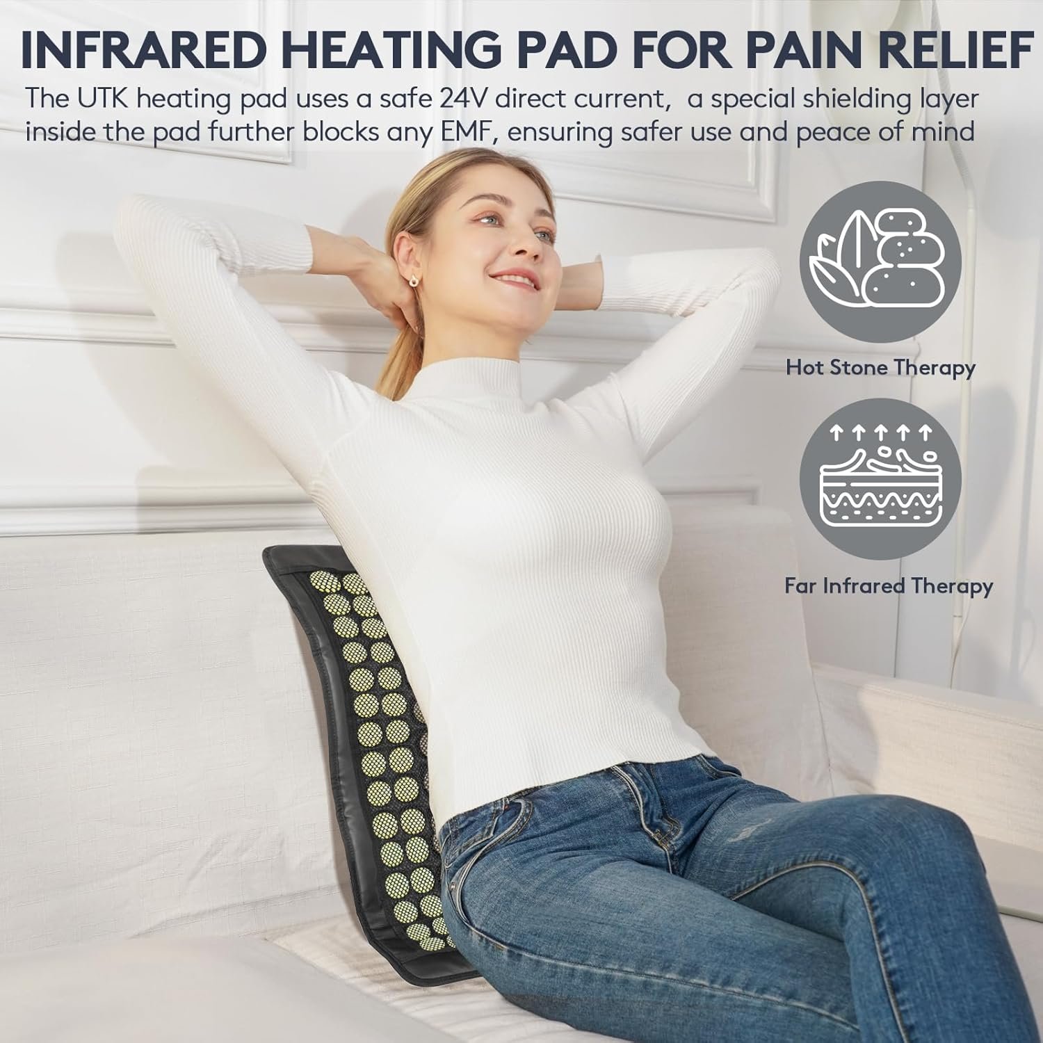 UTK Infrared Heating Pad, Natural Jade & Tourmaline Stones Heating Pad for Pain, DC Far Infrared Heating Pad for Back, Hot Stone,Auto-Off, Customized Settings, Carry Bag Included, Size: 23.5" x 16'' - Image 4