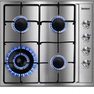 Karinear 24 Inch Gas Cooktop Gas Stove 4 Burners, Built-in Stainless Steel Gas Hob, NG/LPG Dual Fuel Gas Stovetop with Thermocouple Protection for Apartments, Indoor (Come with Pressure Regulator)