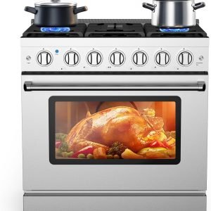 36” Freestanding Gas Range Stove with 6 Sealed Gas Burner & 6.0 Cu.Ft Electric Convection Oven, Stainless Steel Dual Fuel Range, Slide-In Gas Range Combo for Home and Commercial Use