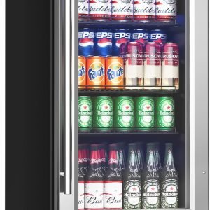 15 Inch Beverage Refrigerator Under Counter - 126 Cans Beverage Fridge with Glass Door for Beer Wine Soda - Built-in or Freestanding Wine Cooler with Safety Lock for Home Kitchen Bar