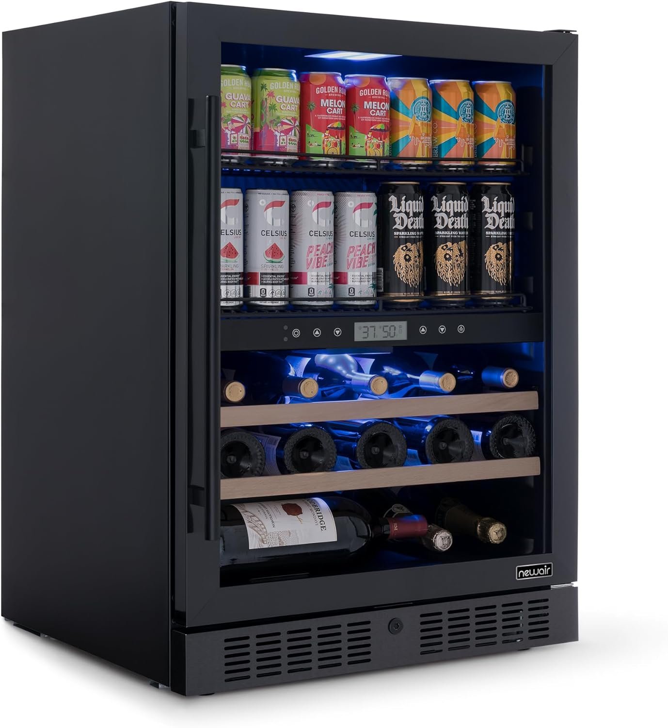 NewAir 24" Wine and Beverage Refrigerator, 24 Bottle and 100 Can Dual Zone Drink Cooler, Black Stainless Steel Built-in Beer and Wine Cooler Refrigerator for Kitchen Cabinet, Bar Cabinet, Home Office