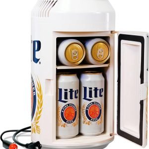 Miller Lite Mini Fridge - Refrigerator for Bedroom Skincare Office, Portable Table Top Beverage Cooler, 12V 110V Refrigerador For Drinks, Soda, Wines, Breast Milk, Use In Car, Outdoor, Patio, 8 Can