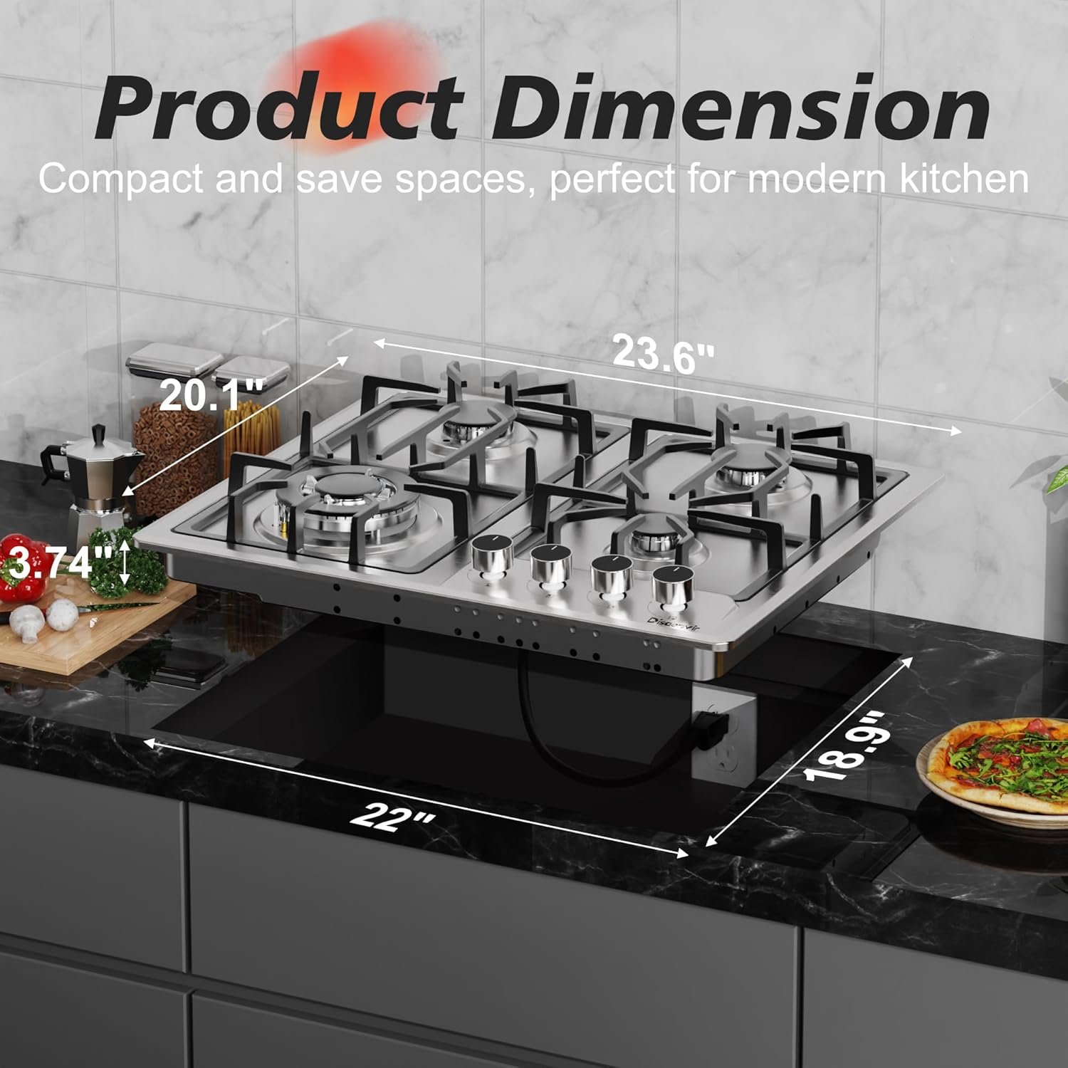 4 Burner Gas Stove - 24 Inch Stainless Steel Propane Gas Cooktop for LPG/NG Dual Fuel, Two Burner Gas Stove Burner with Flame-out Protection for Apartment, Kitchen, Indoor, 110-120V Plug in - Image 4