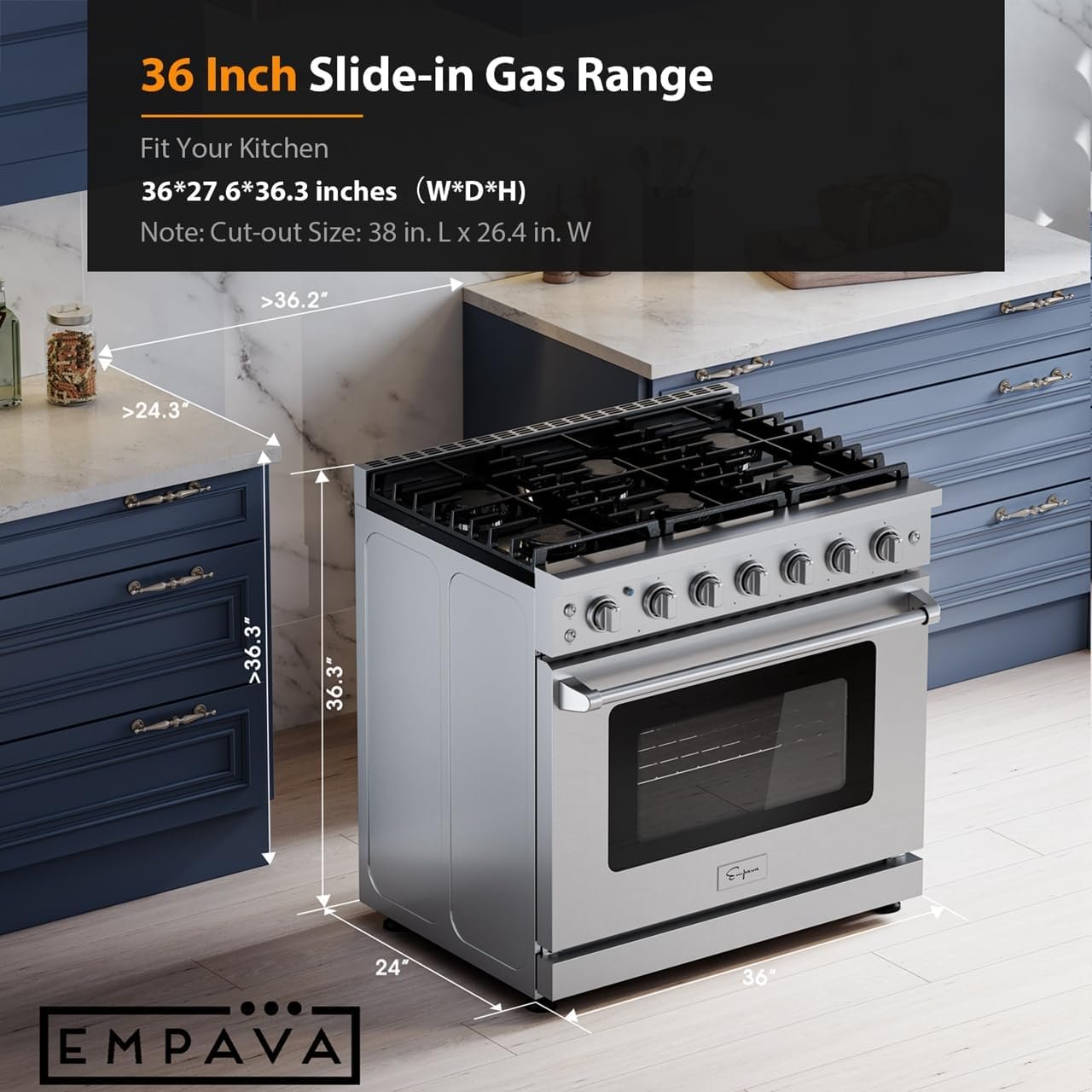 Empava 36" Slide-In Freestanding Gas Range with 6 Sealed Burners, Cast Iron Grates and 6.0 cu. ft. Convection Oven with Mechanical Knobs Control in Stainless Steel - Image 7