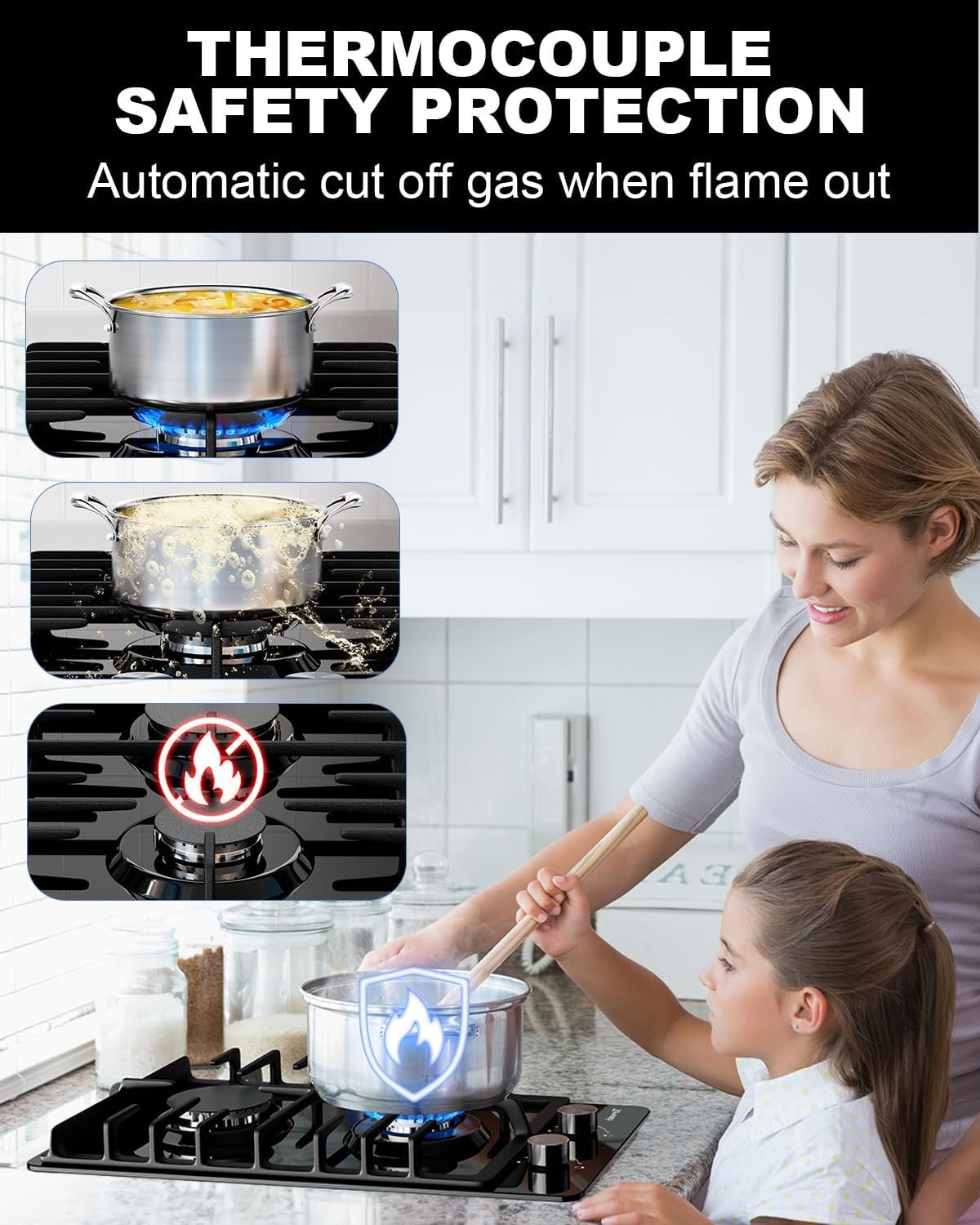 2 Burner Propane Gas Cooktop Black Tempered Glass, 12 Inch Built-in NG/LPG Convertible Gas Stove Top, 18,000BTU Gas Hob with Flame-out Protection for Kitchen, Apartment,RV,110V - Image 4