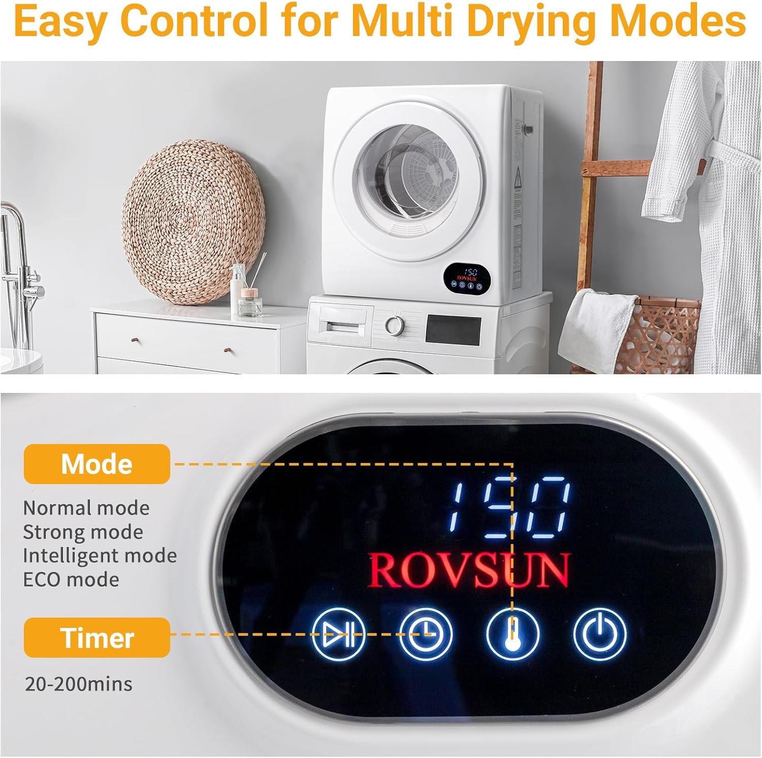Bonnlo Portable Clothes Dryer, Front Load Electric Dryers Machine, Compact Laundry Dryers with Stainless Steel Tub, for Home, Apartment, Dorm, White (LCD Touch Control) - Image 2