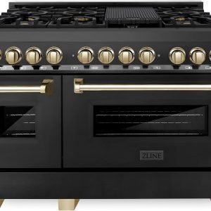 ZLINE Autograph Edition 48 in. 6.0 cu. ft. Legacy Dual Fuel Range with 7 Burner Gas Cooktop and 2 Electric Ovens in Black Stainless Steel and Polished Gold Accents (RABZ-48-G)