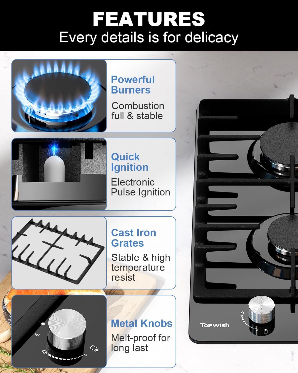 2 Burner Propane Gas Cooktop Black Tempered Glass, 12 Inch Built-in NG/LPG Convertible Gas Stove Top, 18,000BTU Gas Hob with Flame-out Protection for Kitchen, Apartment,RV,110V - Image 5