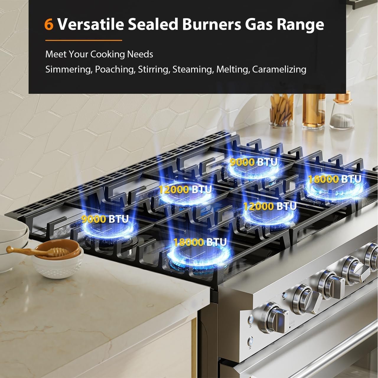 Empava 36" Slide-In Freestanding Gas Range with 6 Sealed Burners, Cast Iron Grates and 6.0 cu. ft. Convection Oven with Mechanical Knobs Control in Stainless Steel - Image 2