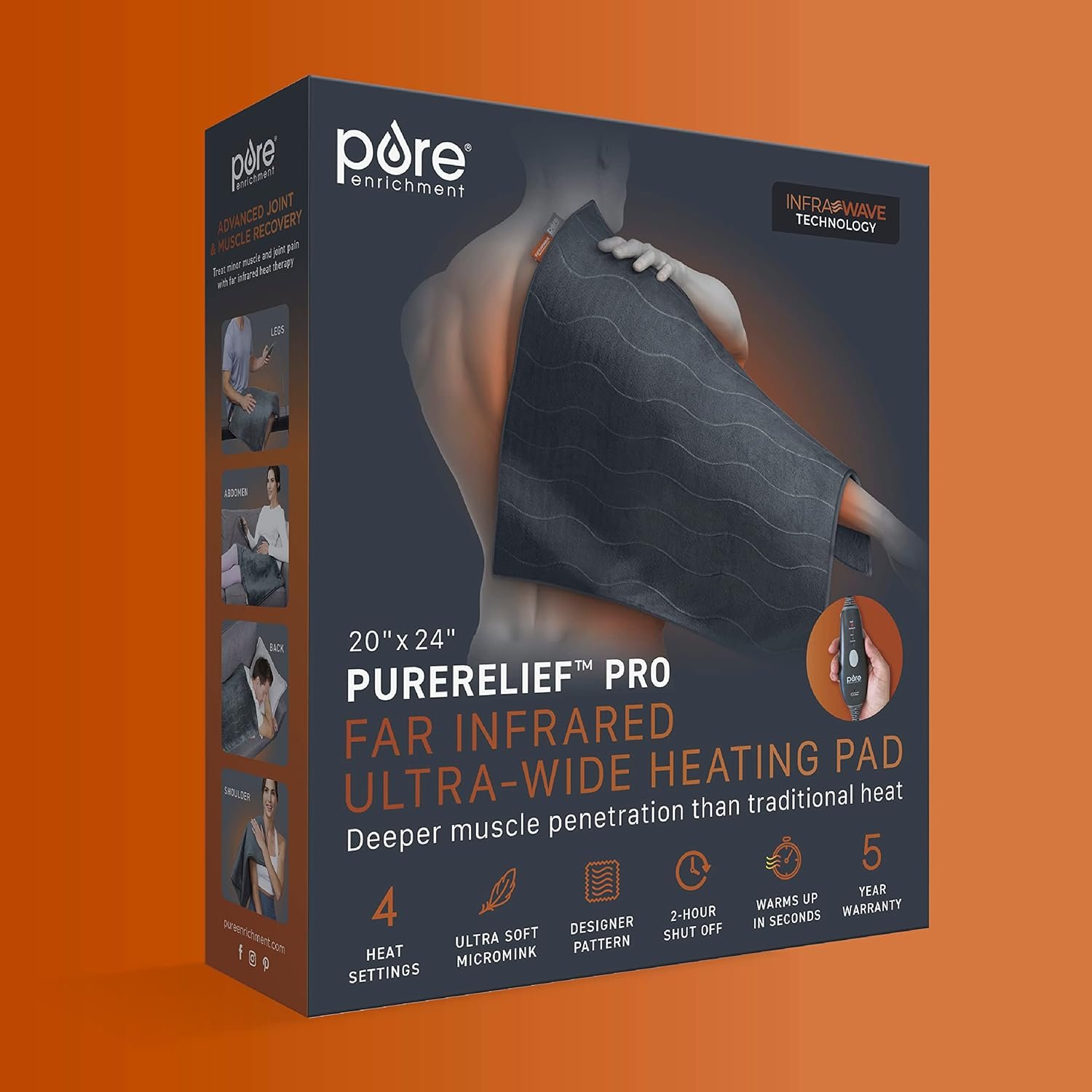 Pure Enrichment PureRelief Pro Far Infrared Ultra-Wide Heating Pad - Muscle Relief for Back, Neck, Shoulder, & Knee Pain in Athletes, 4 Heat Settings, Dry/Moist Heat, 20” x 24” Wide Size (Iron Gray) - Image 6