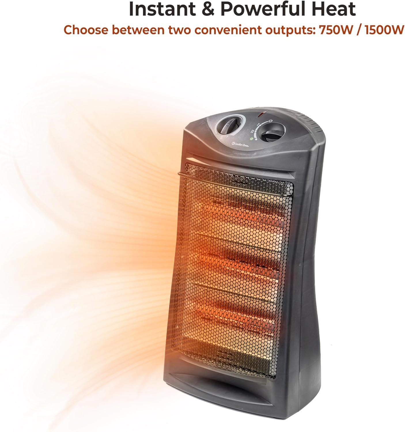 Comfort Zone Space Heaters for Indoor Use, Portable Electric Heater, Adjustable Thermostat, Infrared Heat, Quartz Tower Space Heater with 2 Heat Settings, Bedroom Heater, Black - Image 8