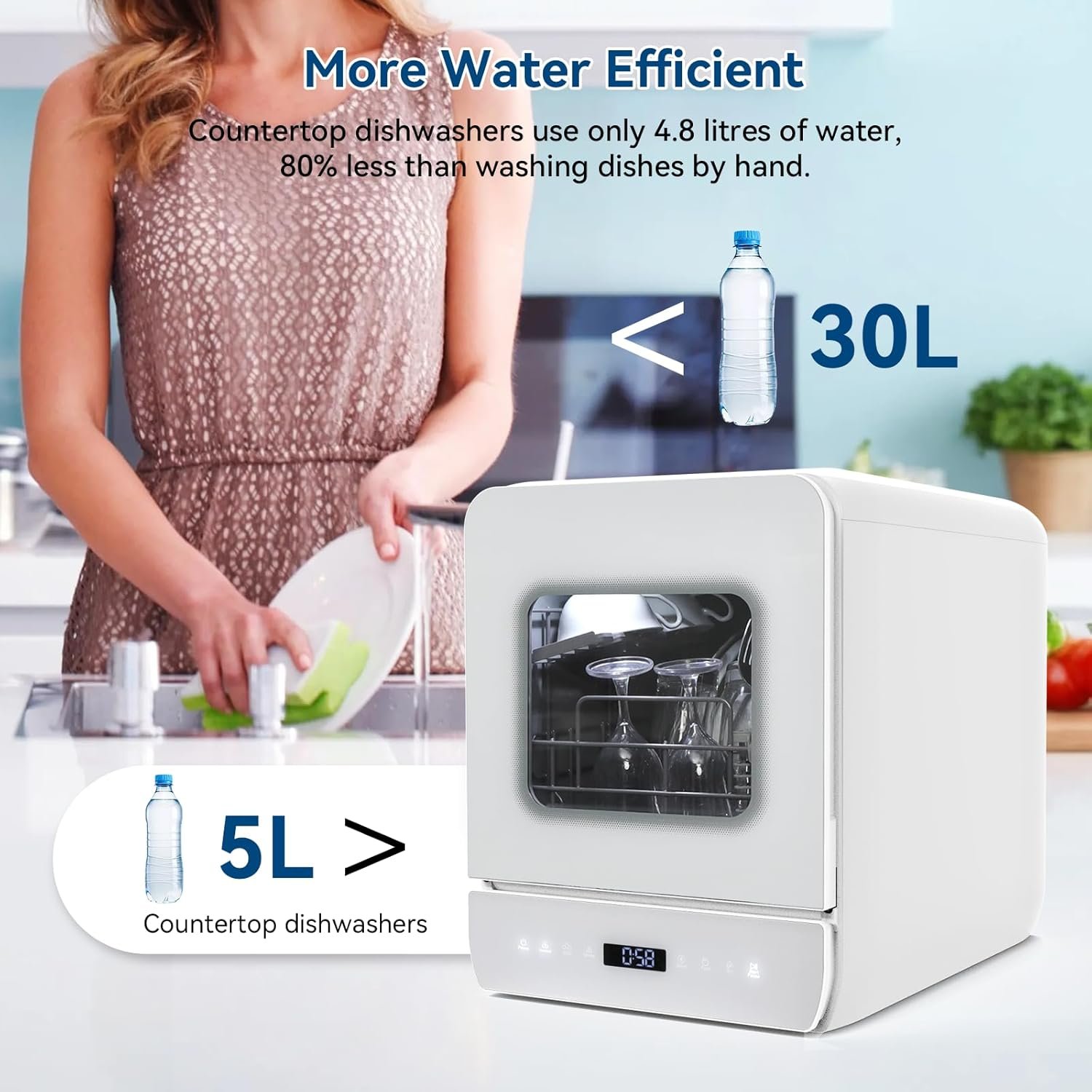 Countertop Dishwasher, Portable Dishwasher Countertop with 4.8L Built-in Water Tank & Inlet Hose, 7 Programs, Dual Water Supply Modes with LED Display and Air-Dry Function for Small Apartments - Image 8