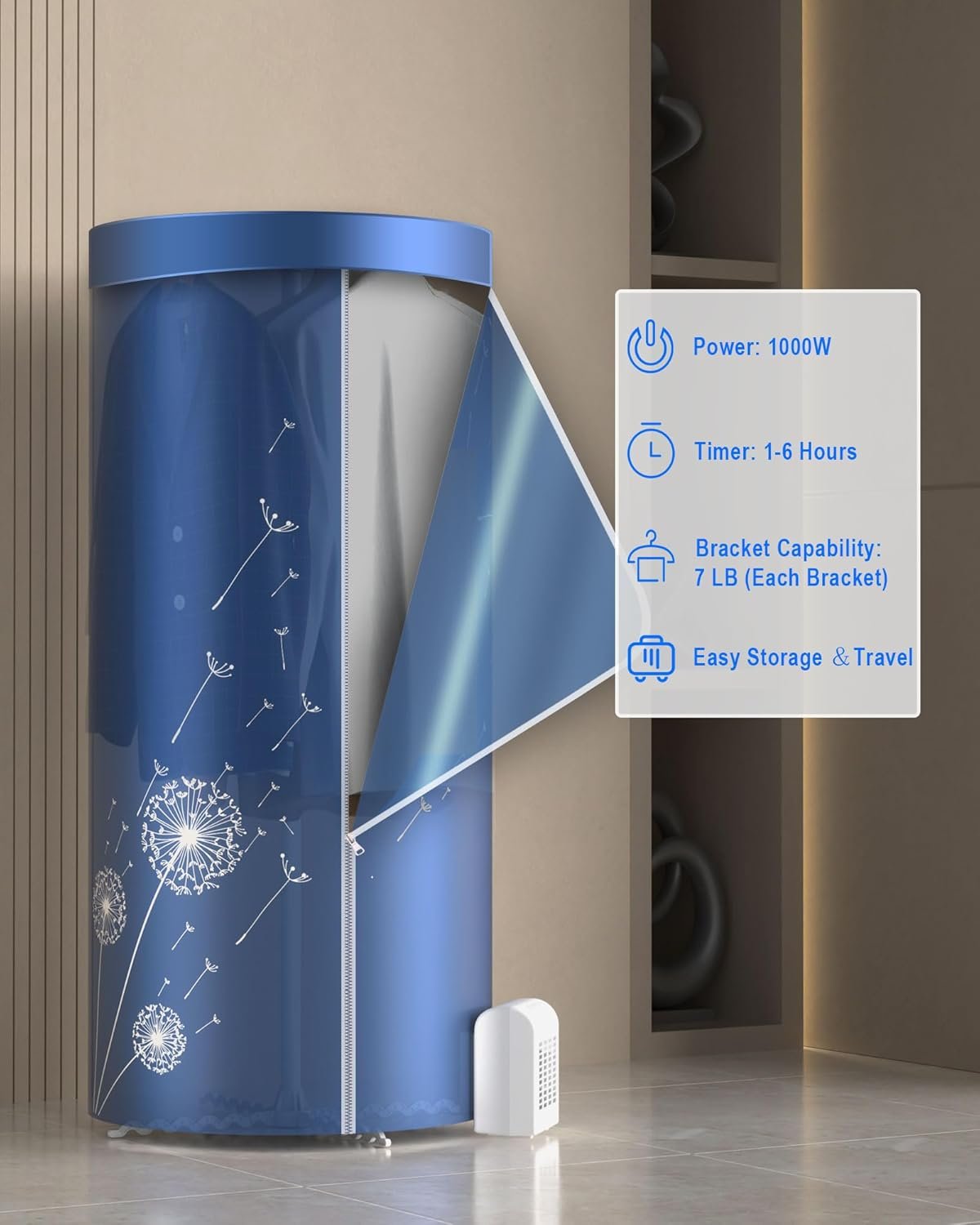 Portable Dryer, 46Inch -1000W Portable Clothes Dryer, Travel Portable Dryer Machine for Clothes with Timer, Mini Dryer for Apartment, Home, RVs - Image 2