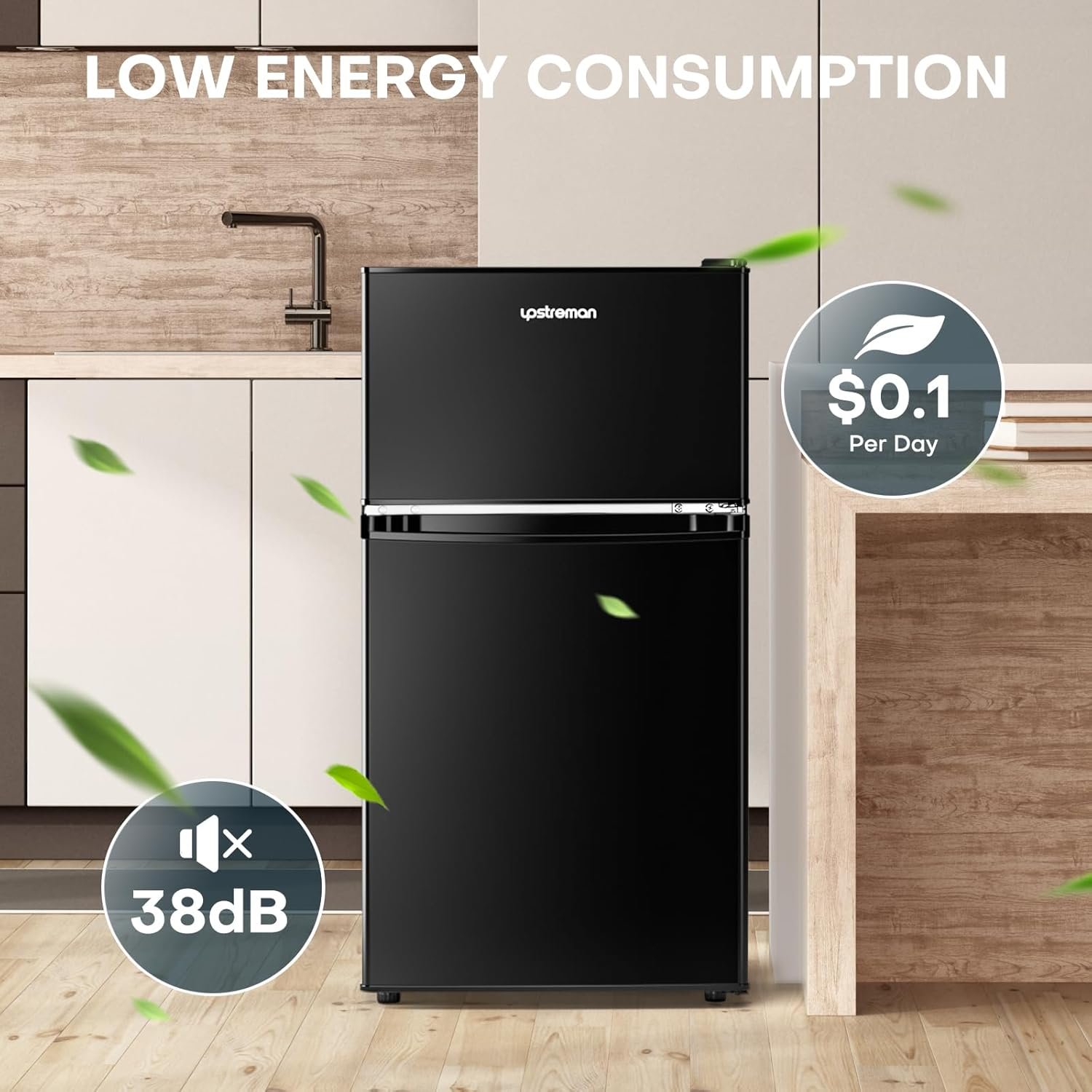 Upstreman 3.2 Cu.Ft Mini Fridge with Freezer, Double Door Mini Fridge, Adjustable Thermostat, Mini Refrigerator for Dorm, Office, Bedroom, Black-BD321 - Image 5