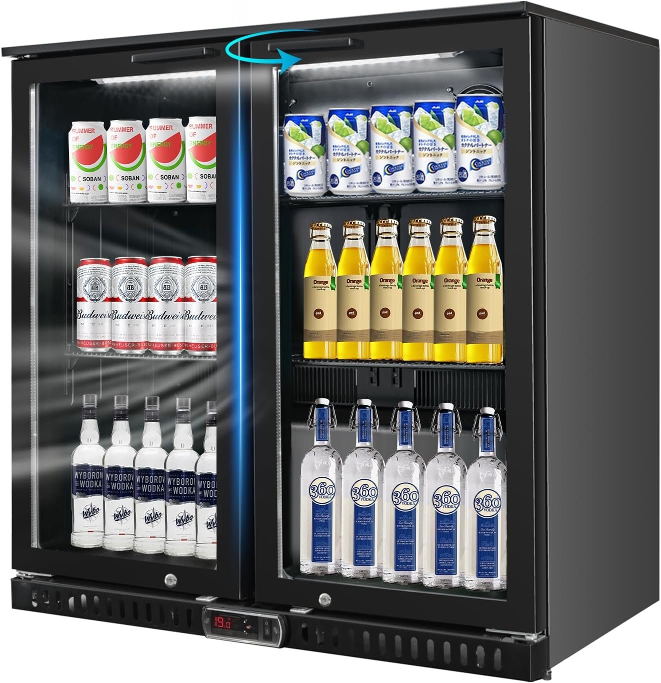 Back Bar Cooler with 2 Glass Doors, Under Counter Beverage Refrigerator, 7.4 cu.ft Mini Fridge Cooler with LED Lighting for Soda Drinks, Beer, Wine