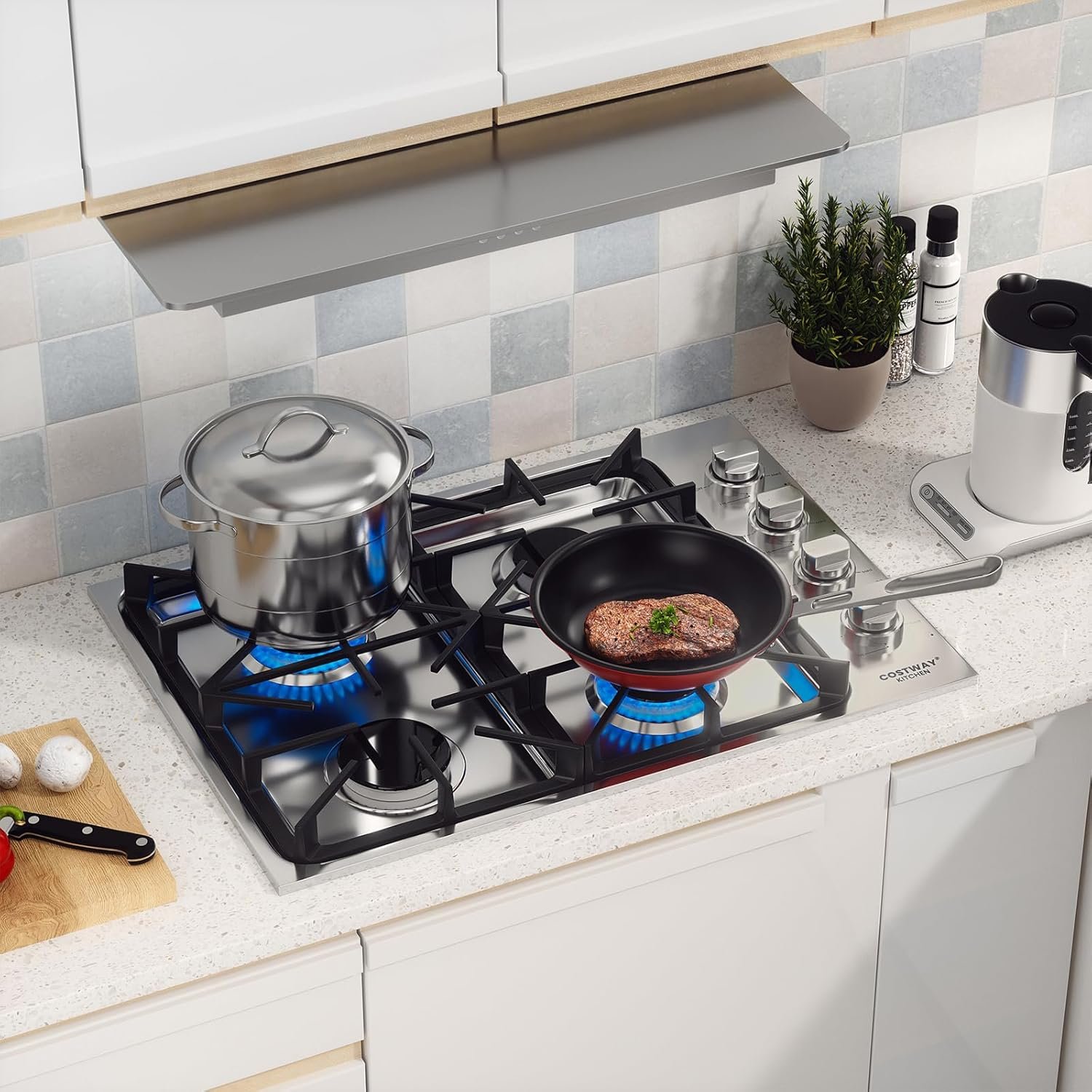 COSTWAY 30-inch Gas Cooktop, Stainless Steel Gas Stove Top with 4 Burners, ABS Knobs and Cast Iron Grates, NG/LP G Convertible Gas Range Top with Sealed Burners for Kitchen, Easy to Clean, Silver - Image 2