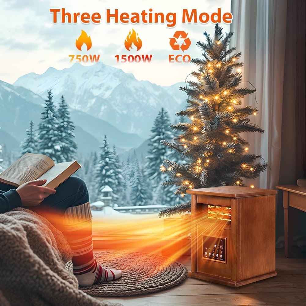 LifePlus Electric Infrared Space Heaters for Indoor Use, 1500W Box Space Heater with Wood Frame, Remote Control 12H Timer and 3 Heating Mode, Multiple Security Protections, for Living Room Home Office - Image 3