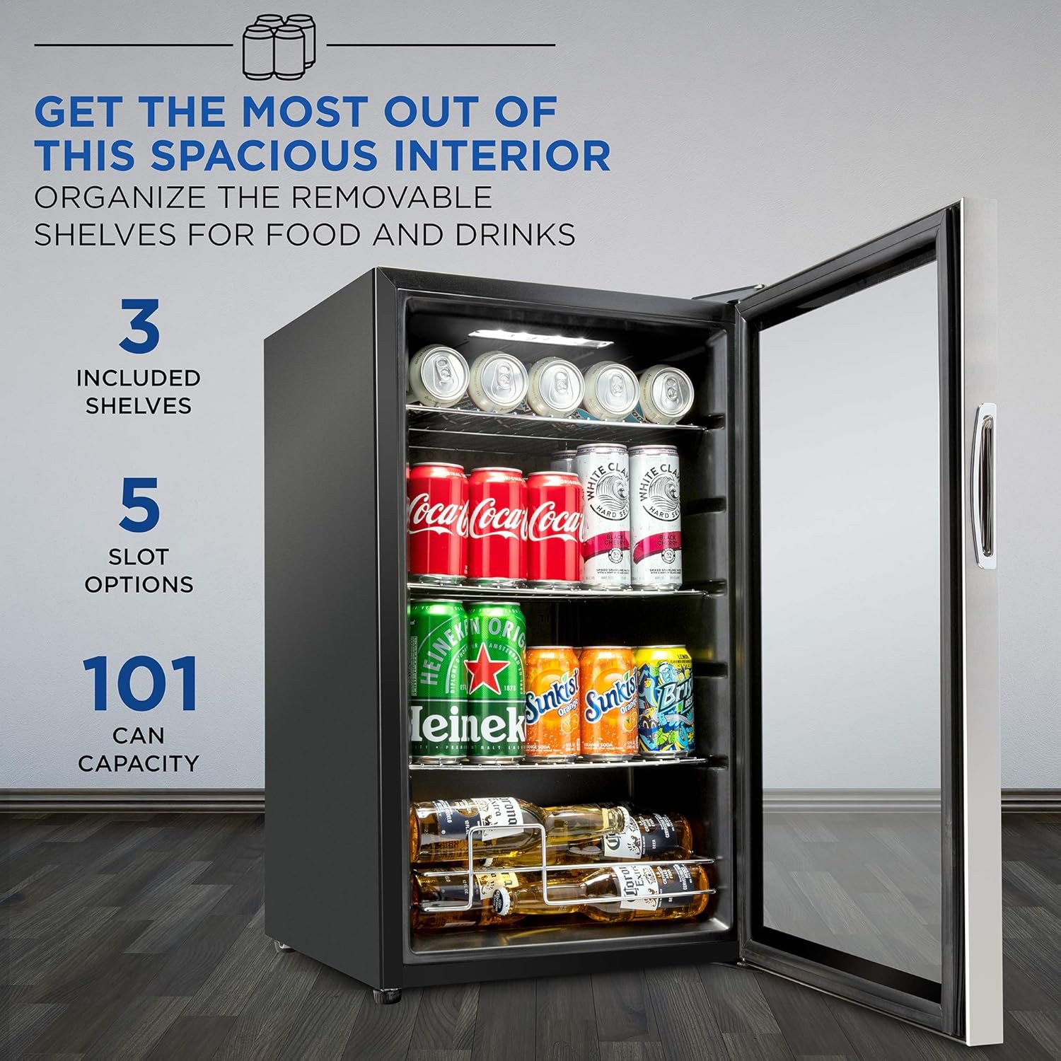Ivation 101 Can Beverage Refrigerator | Freestanding Ultra Cool Mini Drink Fridge | Beer, Cocktails, Soda, Juice Cooler for Home & Office | Reversible Glass Door & Adjustable Shelving, Stainless Steel - Image 3