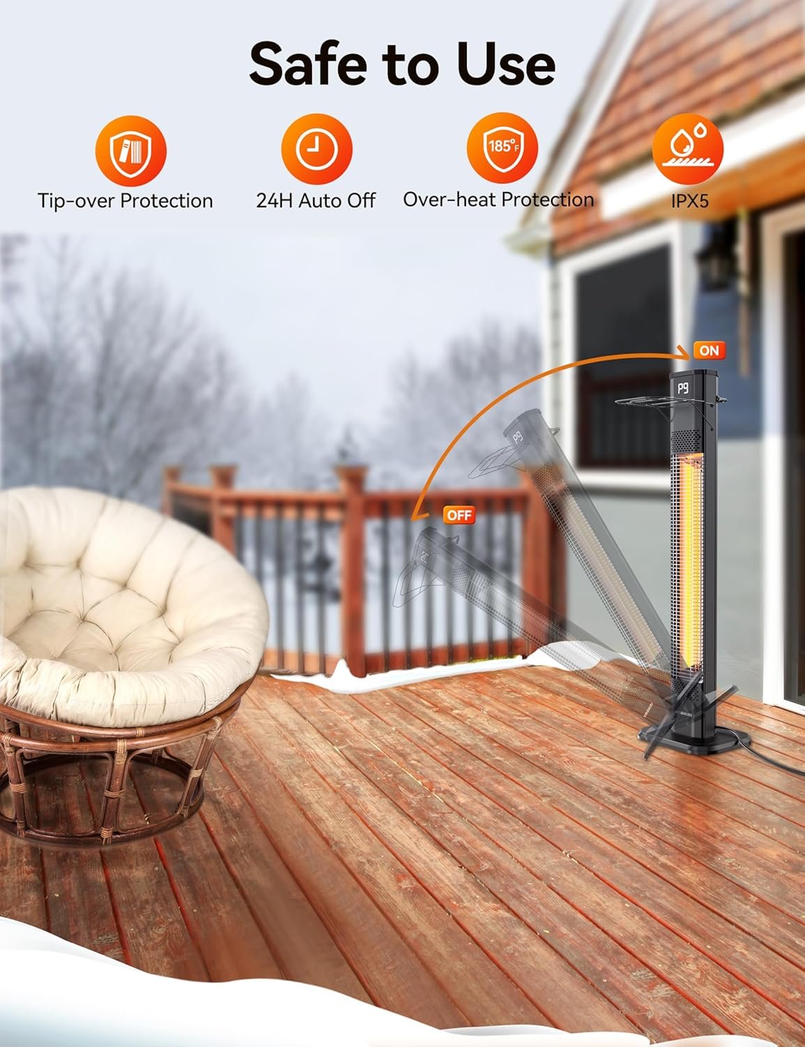VAGKRI Outdoor Heaters, 1s Heating Carbon Infrared Patio Heaters With Remote, 9 Heat Levels, 24H Timer, IPX5 Waterproof, 42in Electric Space Heaters for Home, Office, Restaurant, Patio, and Garage - Image 7