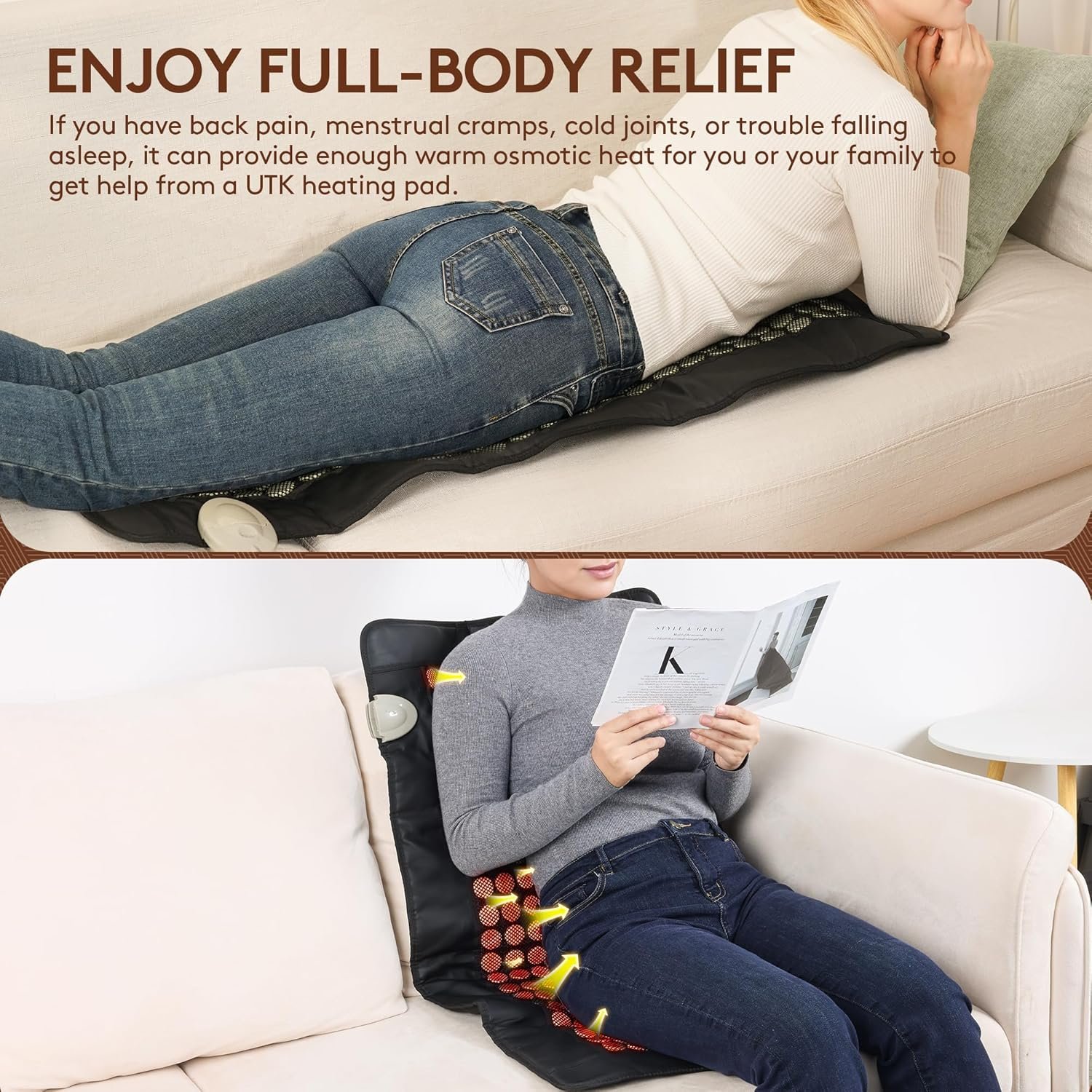 UTK Far Infrared Heating Pad for Back, Full Back Infrared Heating Pad, Weight Heating pad with132 Jade & 54 Tourmaline Stones,160 Watt Fast Heat Up, Larger Size:21x38 Inches - Image 4