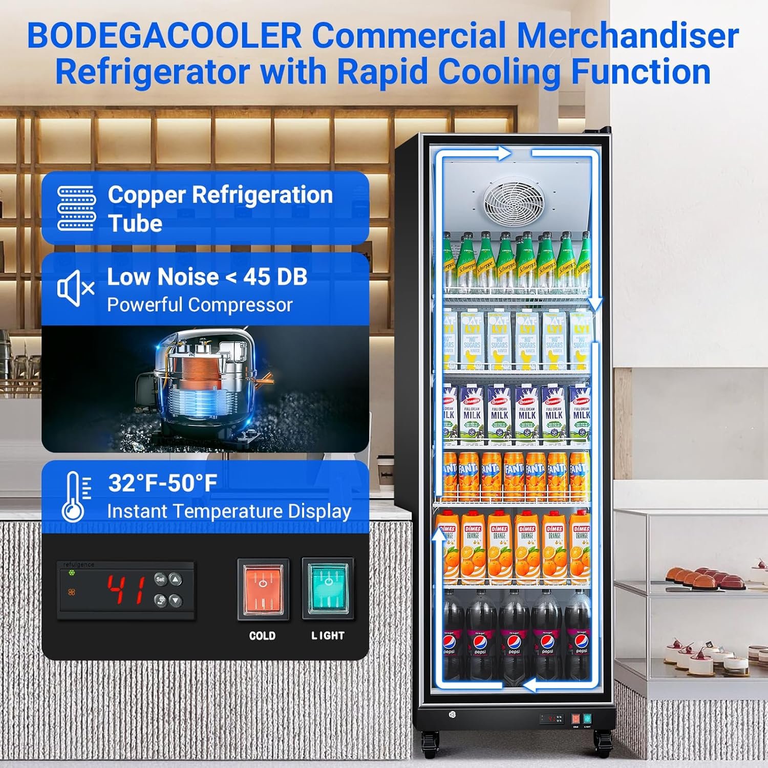 BODEGACOOLER Commercial Merchandiser Refrigerator,18.1Cu.Ft Commercial Display Refrigerator Glass Door,Upright Large Beverage Display Bar Cooler with Soft LED Light,Adjustable Shelves,Aluminum Door - Image 3