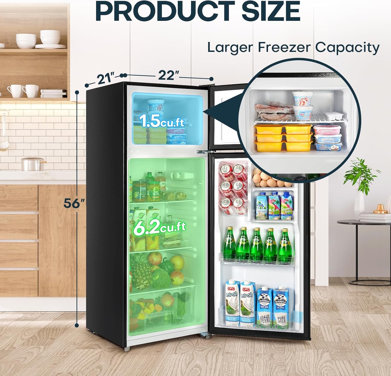 Upstreman 7.7 Cu.Ft. Refrigerator with Freezer, Double Door Refrigerator, Adjustable Thermostat, Large Capacity, Reversible Door Swing, Refrigerator for Apartment, Office, Dorm, Black(BD75) - Image 2