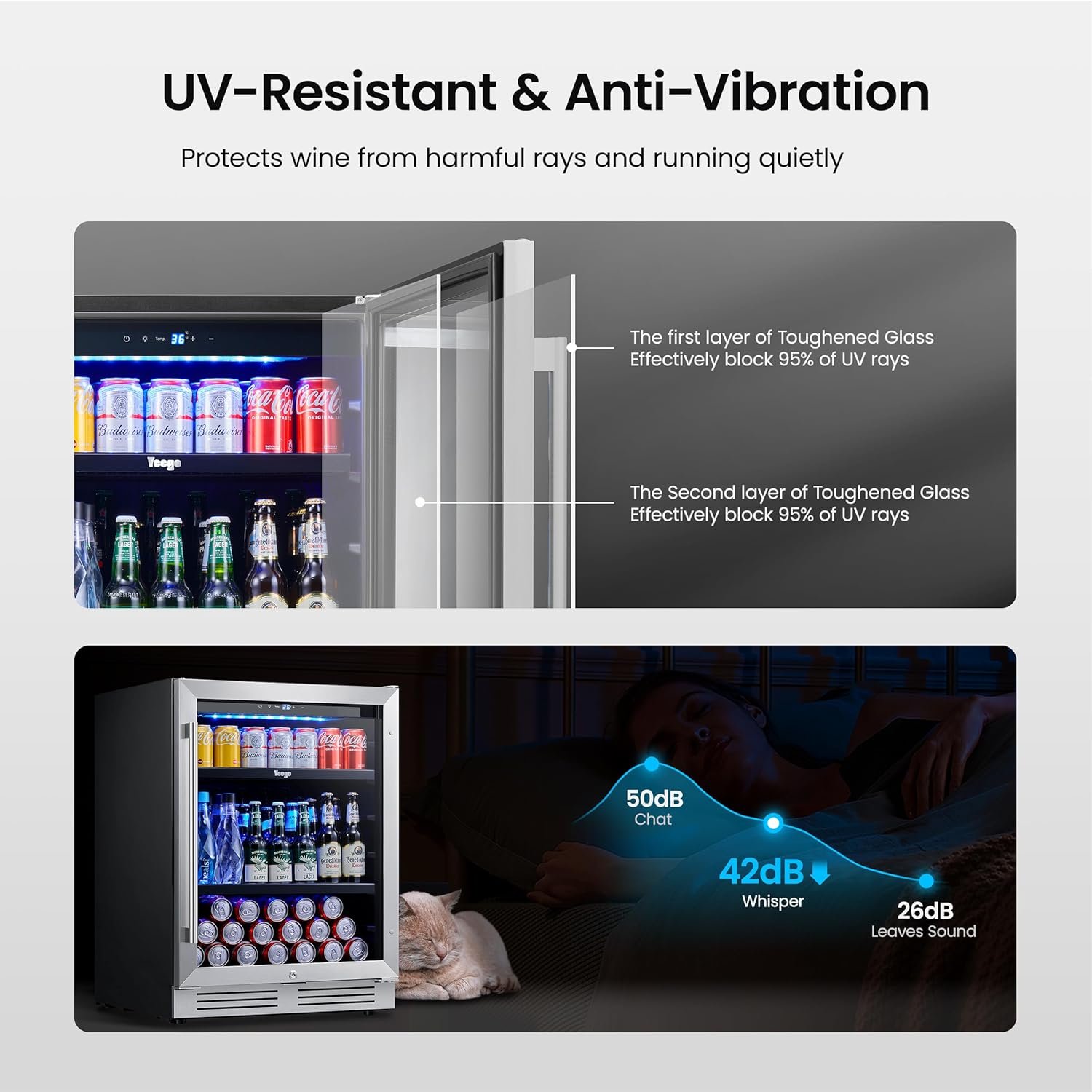 Yeego Beverage Refrigerator Cooler - 24 inch 140 Cans Mini Fridge with Glass Door with Lock, 34-54 ℉ Under Counter Refrigerator Built-in for Soda for Bar Bedroom Office - Image 8