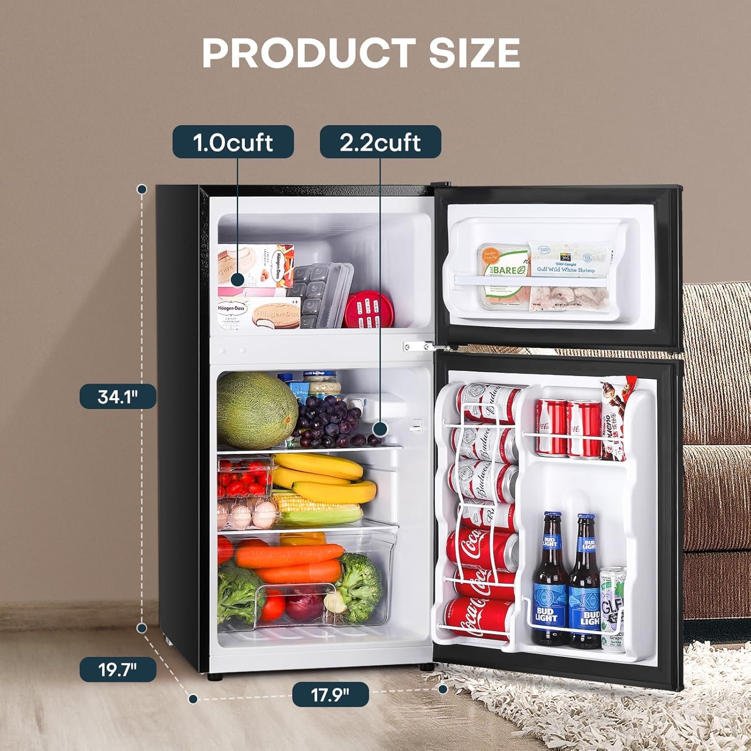 Upstreman 3.2 Cu.Ft Mini Fridge with Freezer, Double Door Mini Fridge, Adjustable Thermostat, Mini Refrigerator for Dorm, Office, Bedroom, Black-BD321 - Image 3