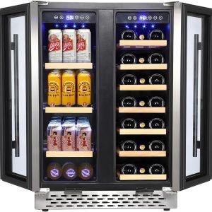 Wine and Beverage Refrigerator, 55 Cans and 20 Bottles Large Dual Zone Wine Cooler with Quiet Compressor, Blue LED, Dual Temperature 24 Inch Under Counter Wine Fridge