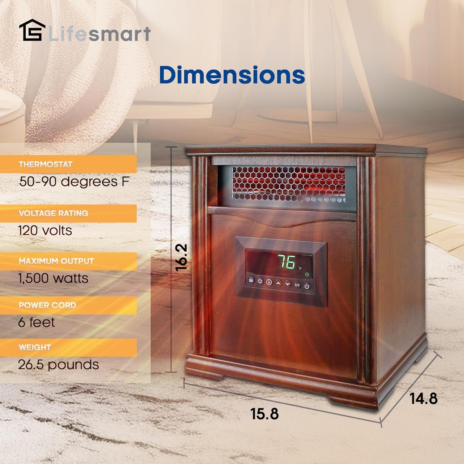 LifeSmart LifePro 1500W Portable Electric Infrared Quartz Space Heater for Indoor Use with 4 Heating Elements and Remote Control, Brown Oak Wood - Image 3