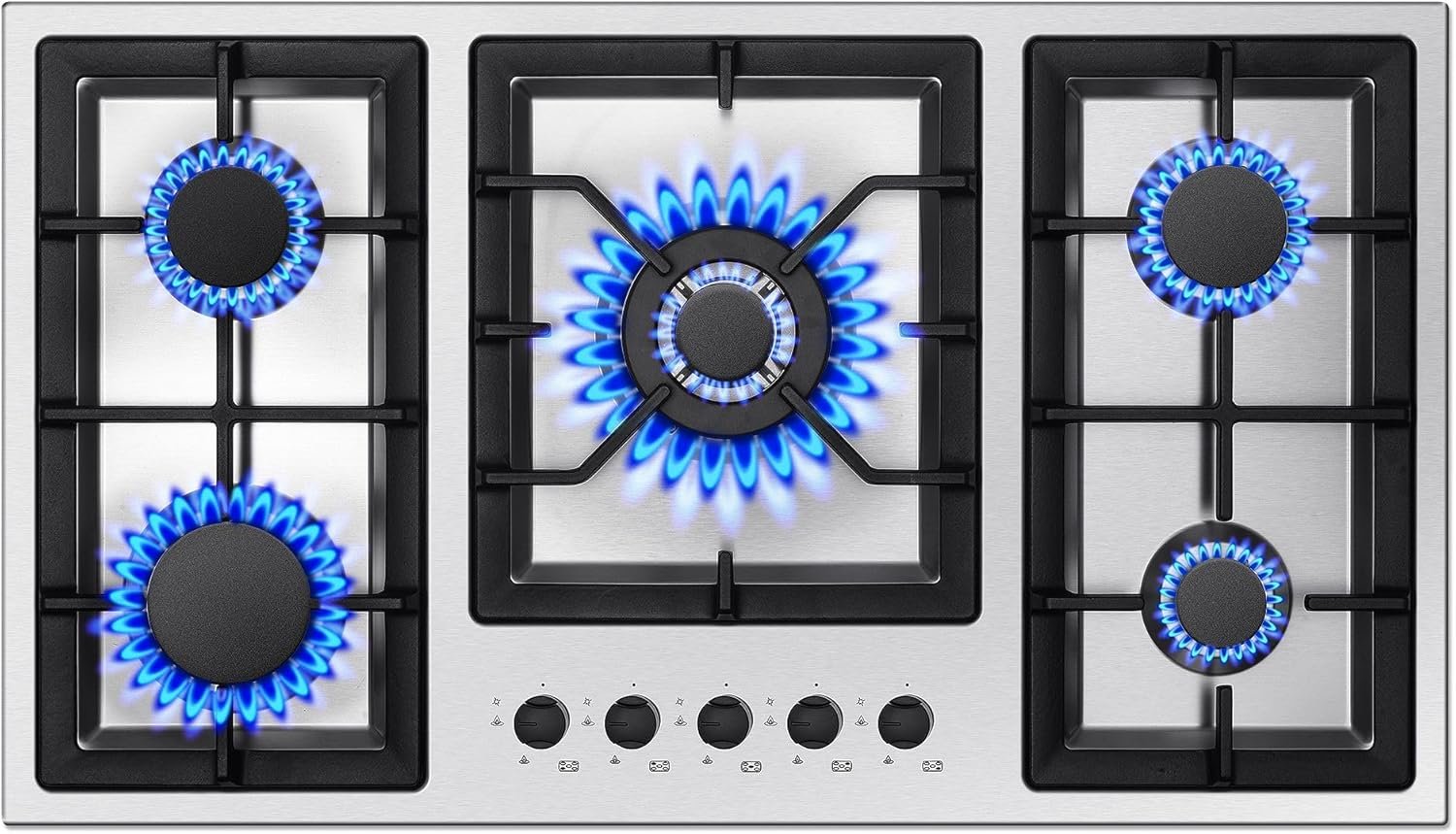 36 Inch Gas Cooktop, 5 Burner Gas Stove Top Total 34,588 BTU, Built-in Stainless Steel 36 Inch Gas Hob with Thermocouple Protection, LPG/NG Convertible Propane Cooktop