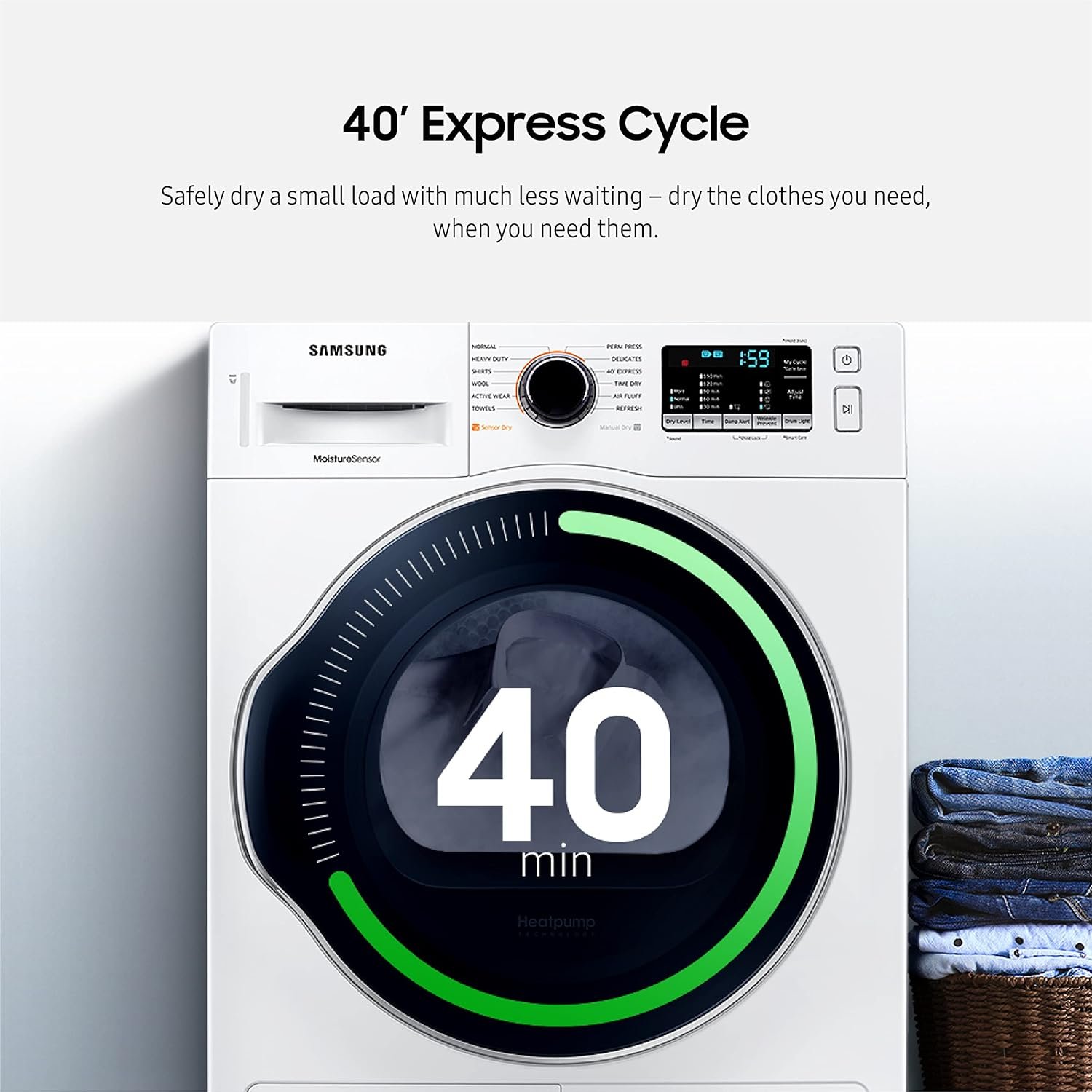 SAMSUNG 4.0 Cu Ft Heat Pump Dryer, Compact Clothes Drying Machine, Stackable for Small Spaces w/Sensor Dry, 12 Preset Cycles, 40 Minute Express Dry, DV22N6800HW/A2, White - Image 5