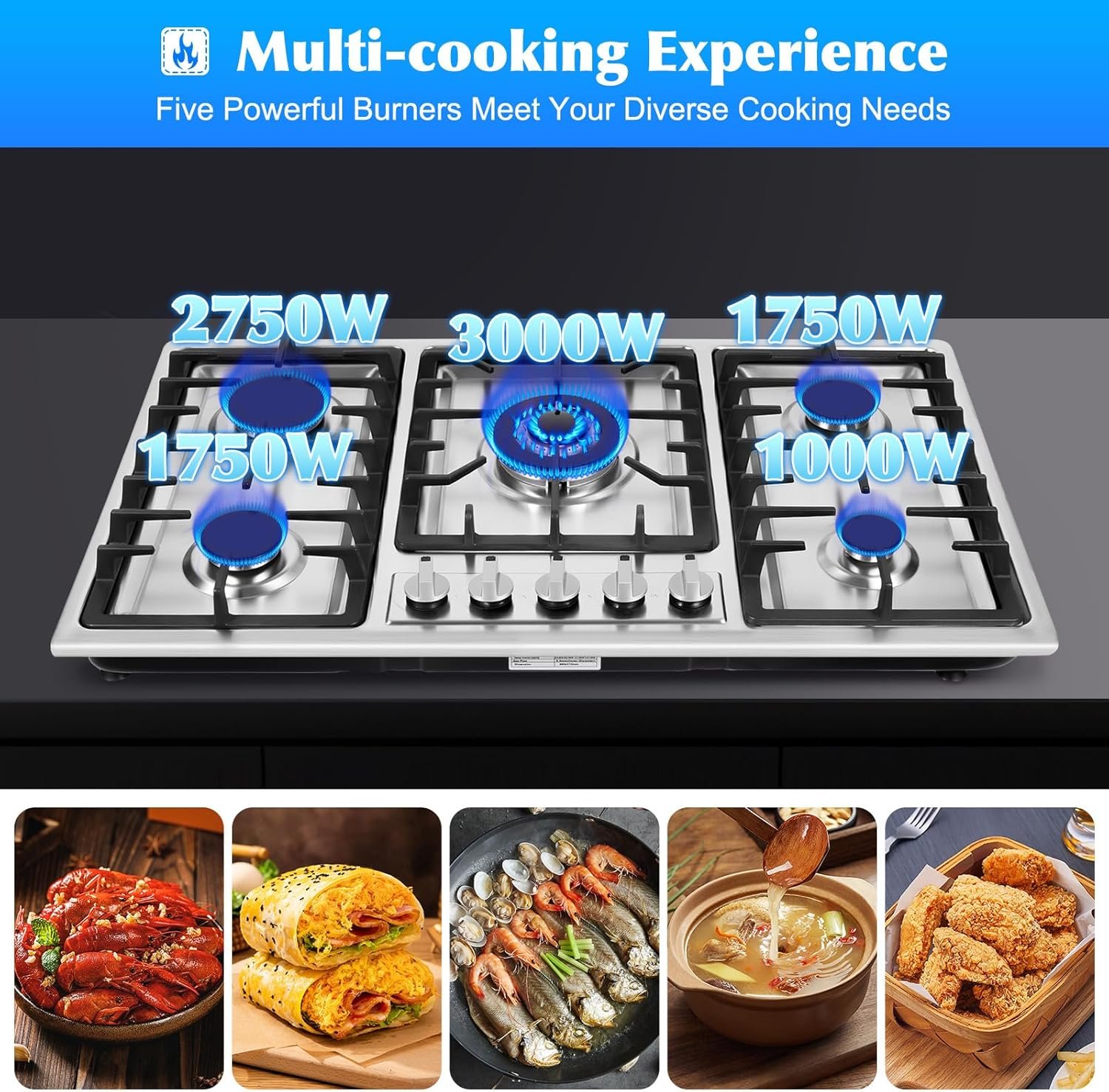 34 inch Stainless Steel Gas Cooktop, LPG/NG Gas Cooktop 5 Burners Built in Gas Stove, LPG/NG Dual Fuel Gas Stove, Thermocouple Protection and Easy to Clean, Drop-in Gas Hob 5 Burner, Silver - Image 4