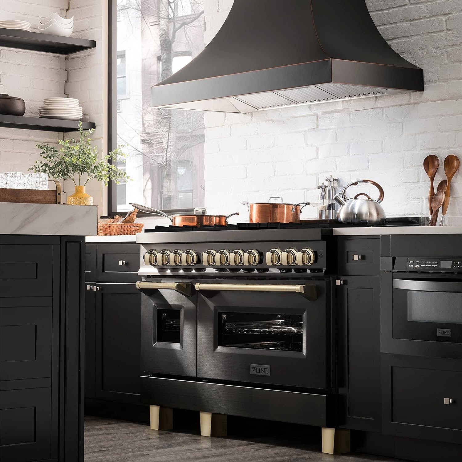 ZLINE Autograph Edition 48 in. 6.0 cu. ft. Legacy Dual Fuel Range with 7 Burner Gas Cooktop and 2 Electric Ovens in Black Stainless Steel and Polished Gold Accents (RABZ-48-G) - Image 5