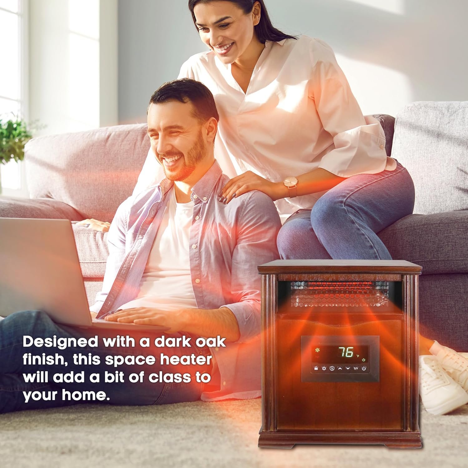 LifeSmart LifePro 1500W Portable Electric Infrared Quartz Space Heater for Indoor Use with 4 Heating Elements and Remote Control, Brown Oak Wood - Image 4
