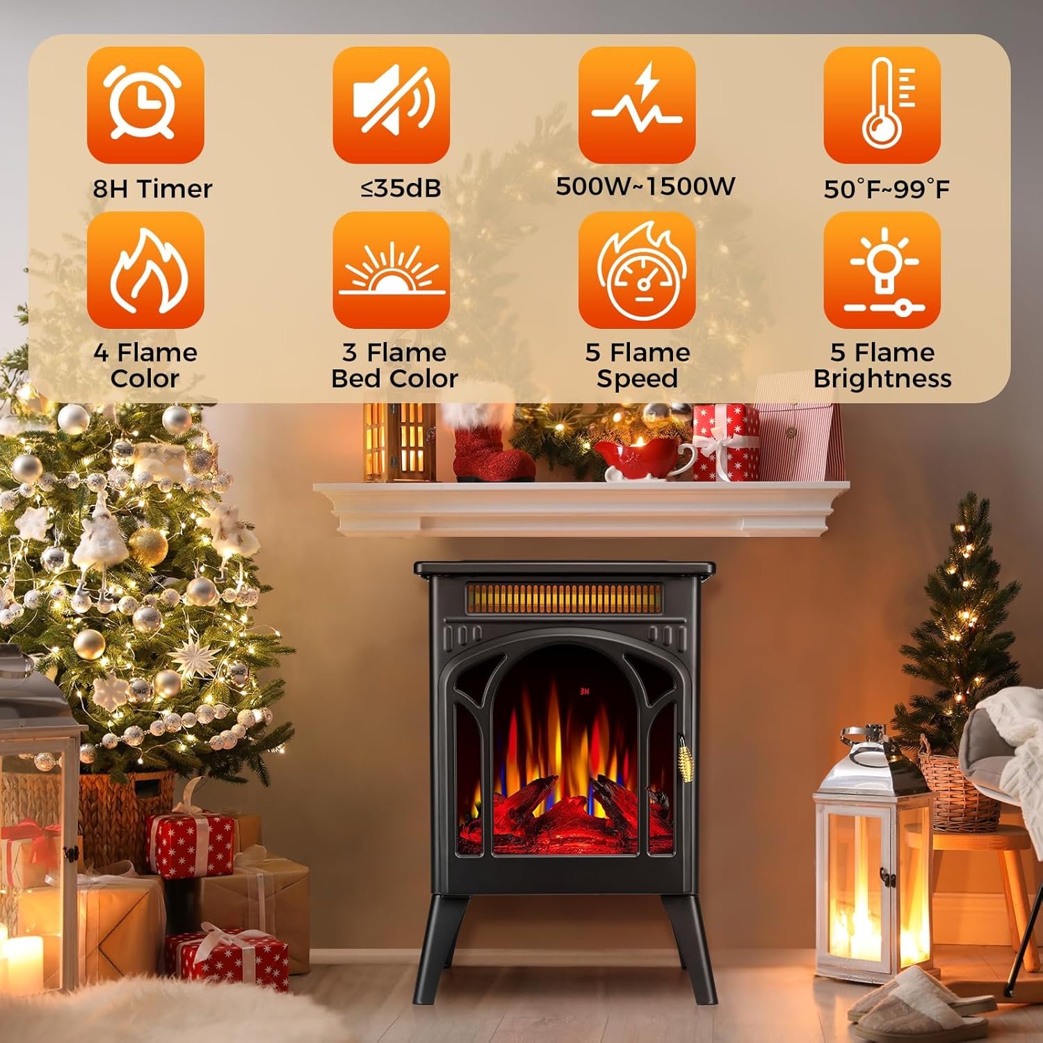 COWSAR Electric Fireplaces, 1500W Infrared Electric Stove Heater, Efficient Heating, 3D Realistic Flame, Remote Control, 8H Timer, Freestanding Stove for Living Room Bedroom Indoor Use, 5100 BTU - Image 3