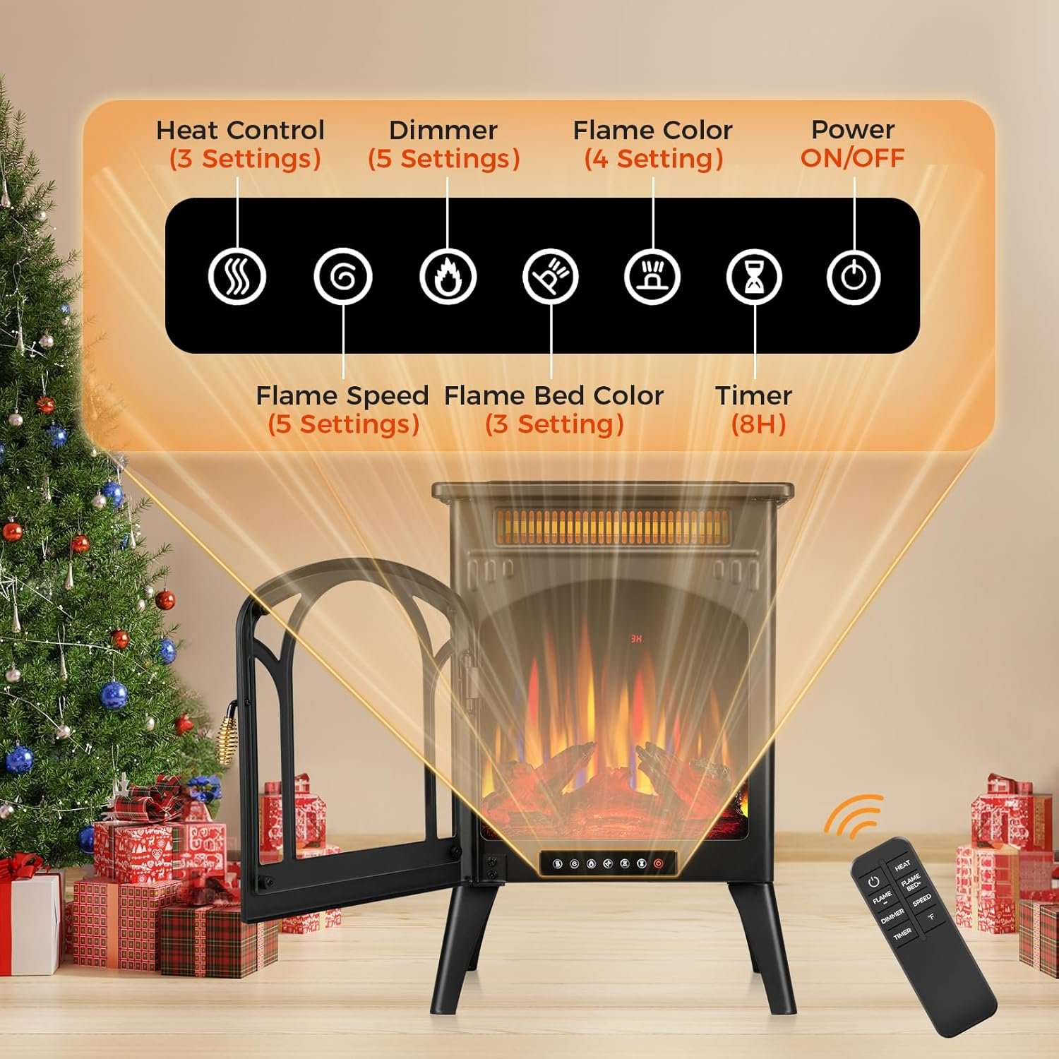 COWSAR Electric Fireplaces, 1500W Infrared Electric Stove Heater, Efficient Heating, 3D Realistic Flame, Remote Control, 8H Timer, Freestanding Stove for Living Room Bedroom Indoor Use, 5100 BTU - Image 2